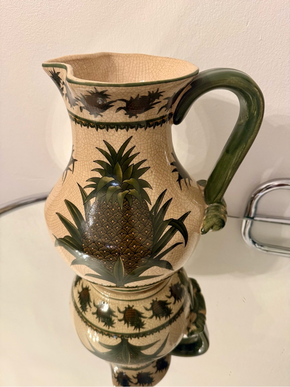 Large British Colonial Coastal Ceramic Pineapple crackle glaze pitcher.